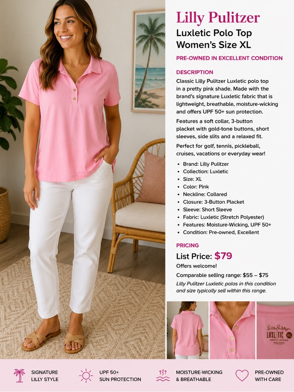 Lilly Pulitzer Pink Luxletic Polo Top - Women’s XL